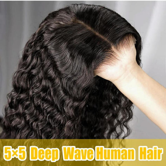 5x5 transparent Lace Closure Wigs Human Hair 5x5 Deep Wave Closure Wig for Women 100% Human Hair 180% Density Pre Plucked with Baby Hair 5x5 Curly Closure Wig Nautural Black